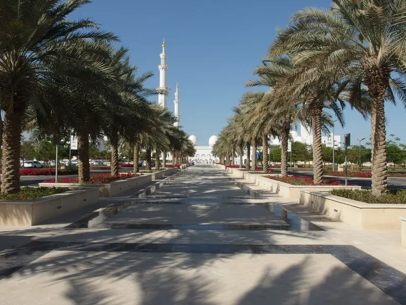 Palm-lined approach to the Sheikh Zayed Grand Mosque